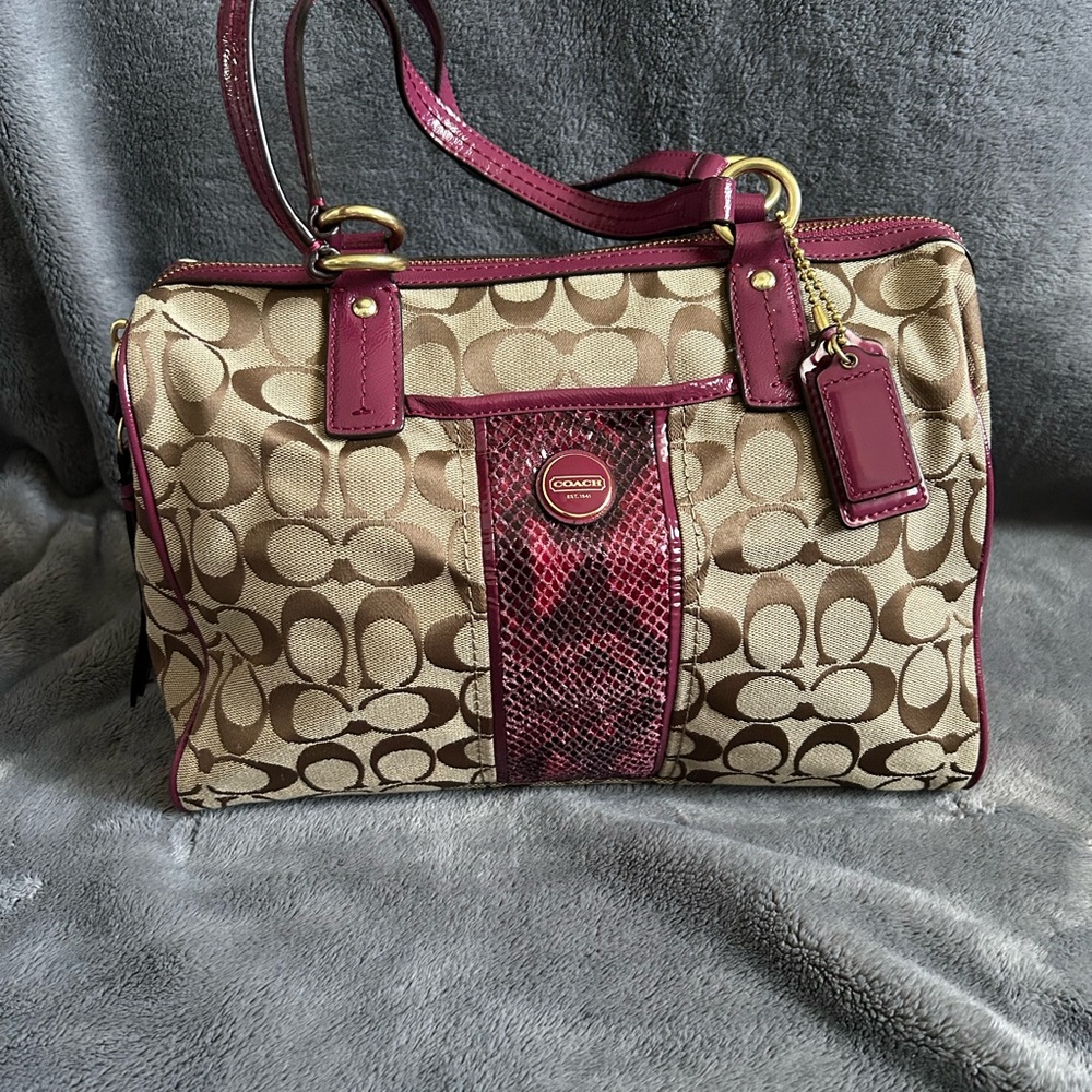 Coach Tan and Burgundy Signature Bag